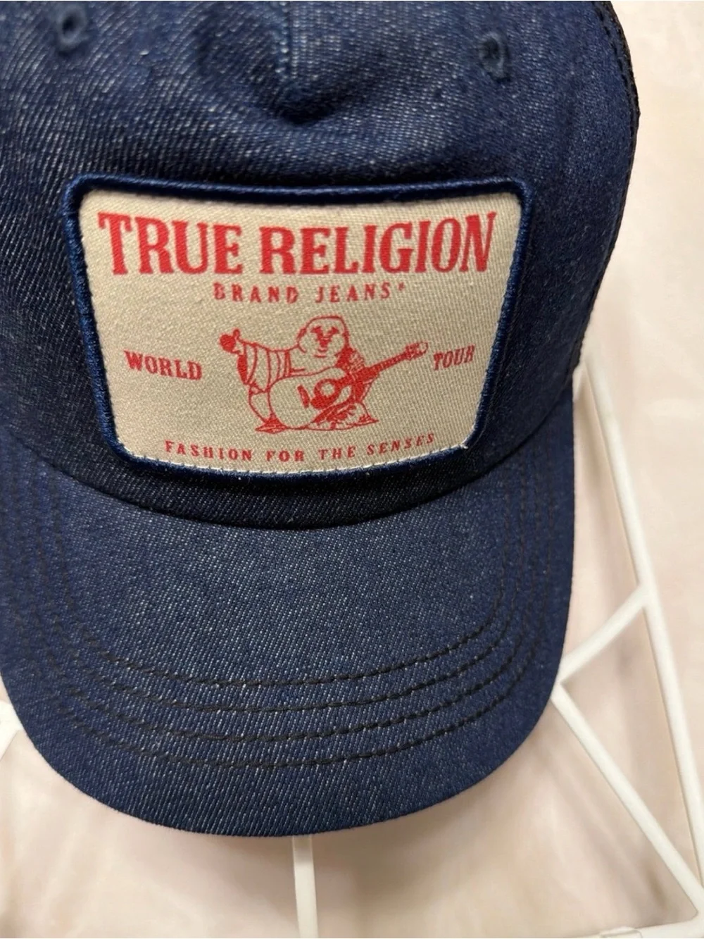True Religion Navy Blue Denim Cap with Cream Patch and Red Logo